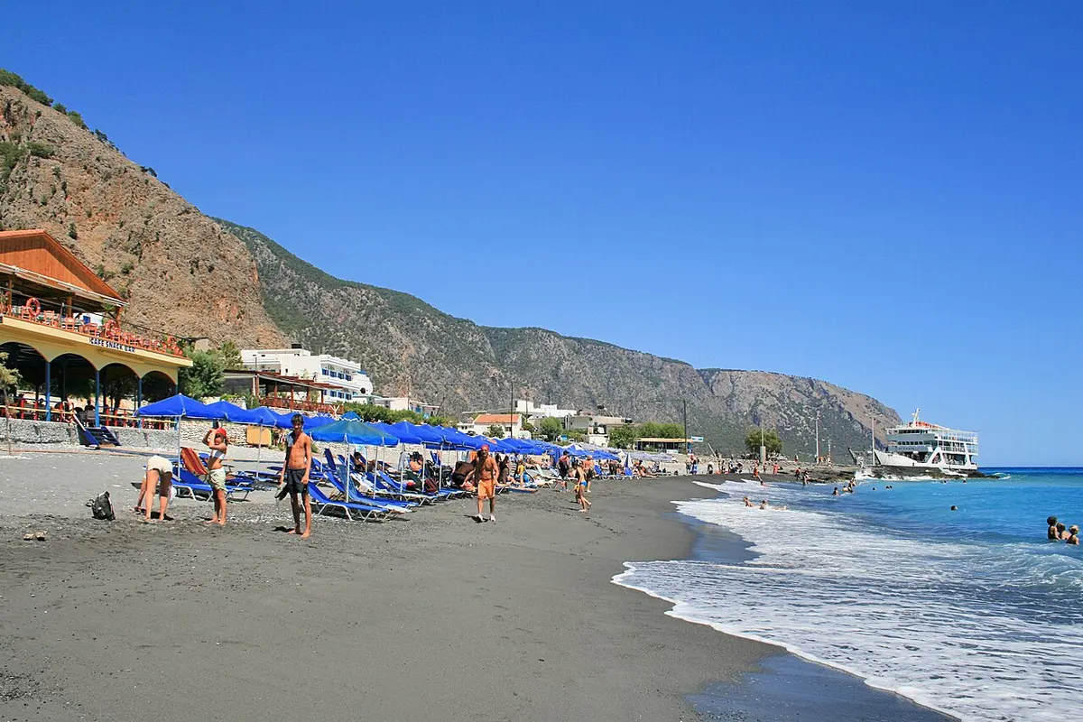 Agia Roumeli Beach, Crete, Agia Roumeli, Sfakia, Crete - pebble beach at the end of the samaria gorge, reached on foot or by boat