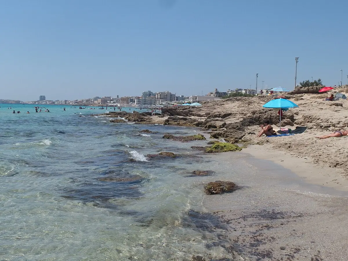 Baia Verde, Gallipoli, Baia Verde, Gallipoli, Puglia - pale sand and rock beach strip south of the old town