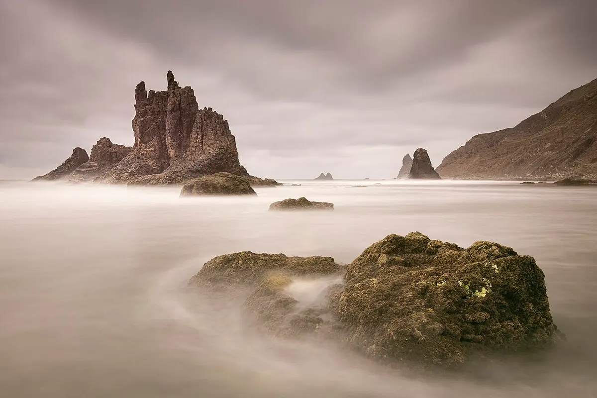 Playa de Benijo, Tenerife, Benijo, Anaga, Tenerife - dark sand and sea stacks below the anaga mountains