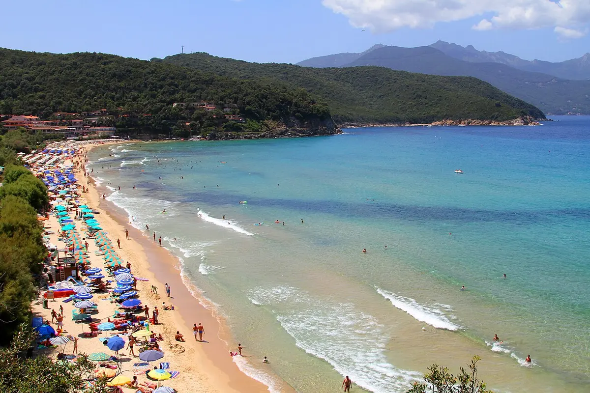 Biodola Beach, Elba, Biodola, Portoferraio, Elba - wide sandy bay with turquoise water on the north coast of elba