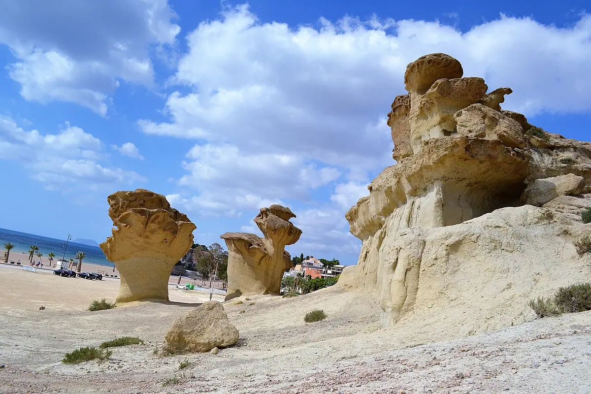 Playa de Bolnuevo, Mazarron, Murcia - golden beach beside the eroded gredas rock formations
