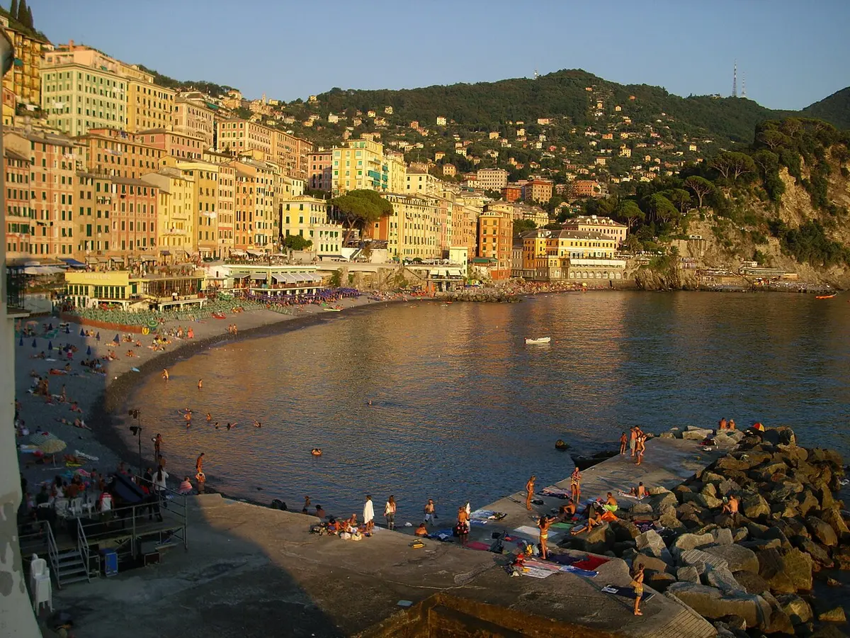 Camogli Beach, Camogli, Liguria - pebble beach below a pastel fishing village