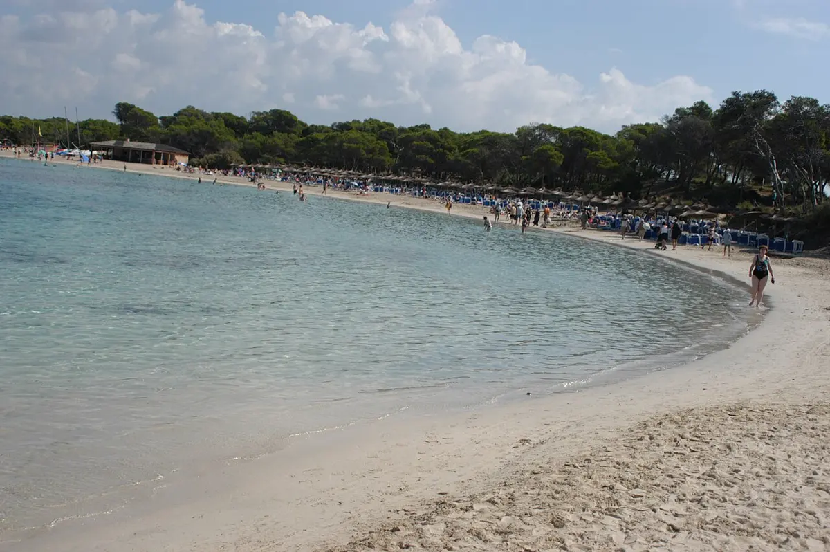 Playa de Colonia de Sant Jordi, Mallorca, Colonia de Sant Jordi, Ses Salines, Mallorca - calm sandy beach beside a fishing village in south mallorca