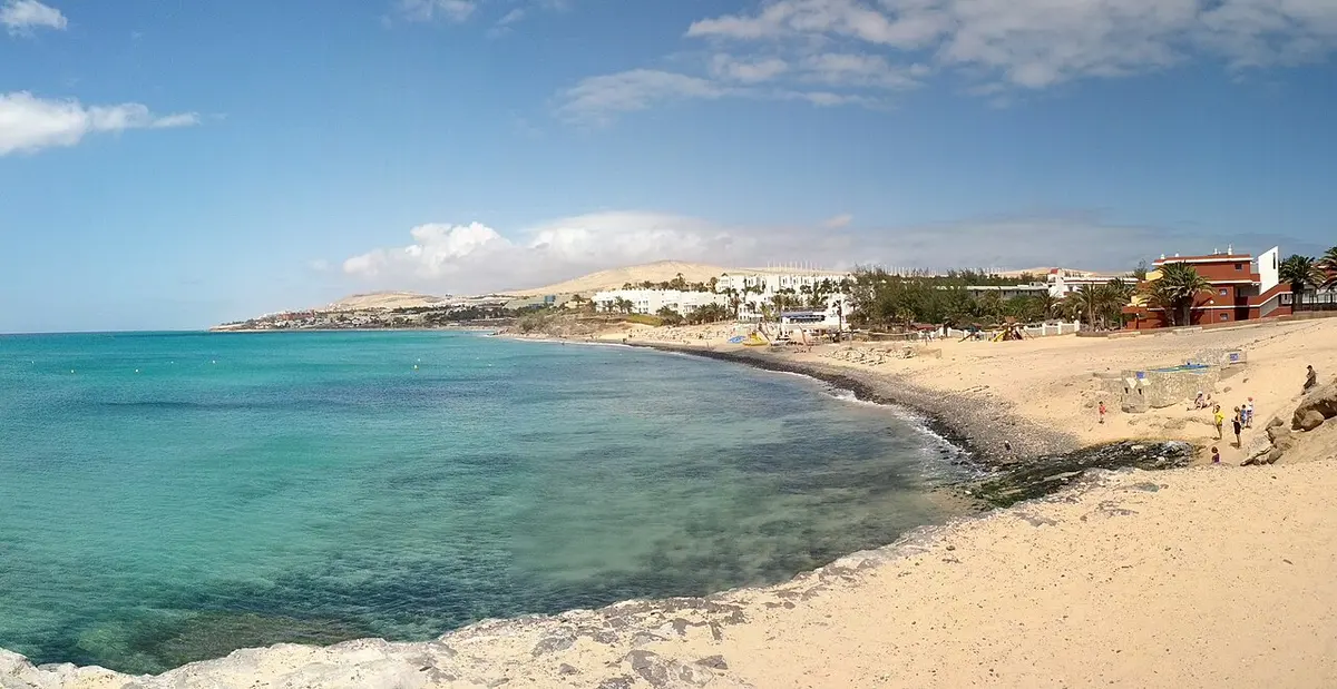 Costa Calma Beach, Fuerteventura, Costa Calma, Pajara, Fuerteventura, Canary Islands - wide golden-sand beach with shallow lagoon water in south fuerteventura