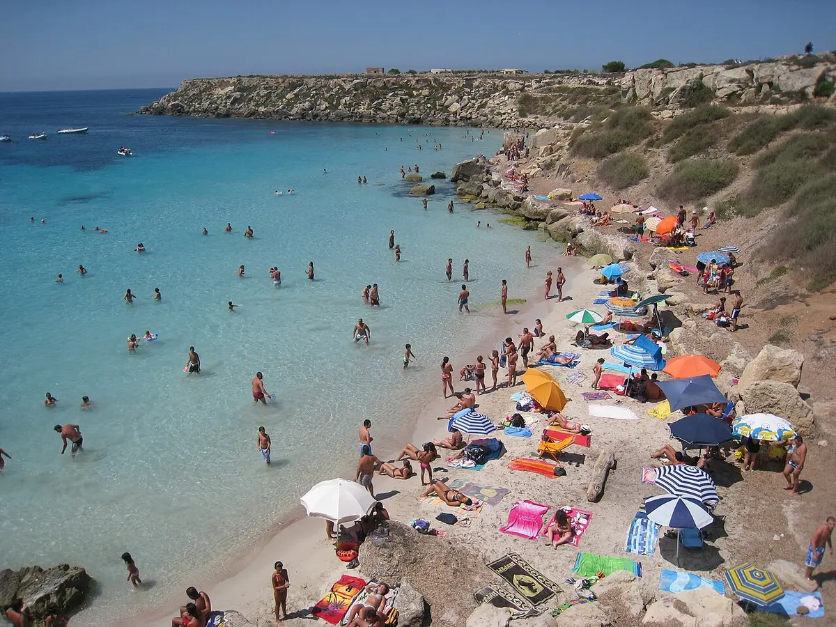 Cala Azzurra, Favignana, Favignana, Egadi Islands, Sicily - clear turquoise cove with sand and rocks on the egadi islands