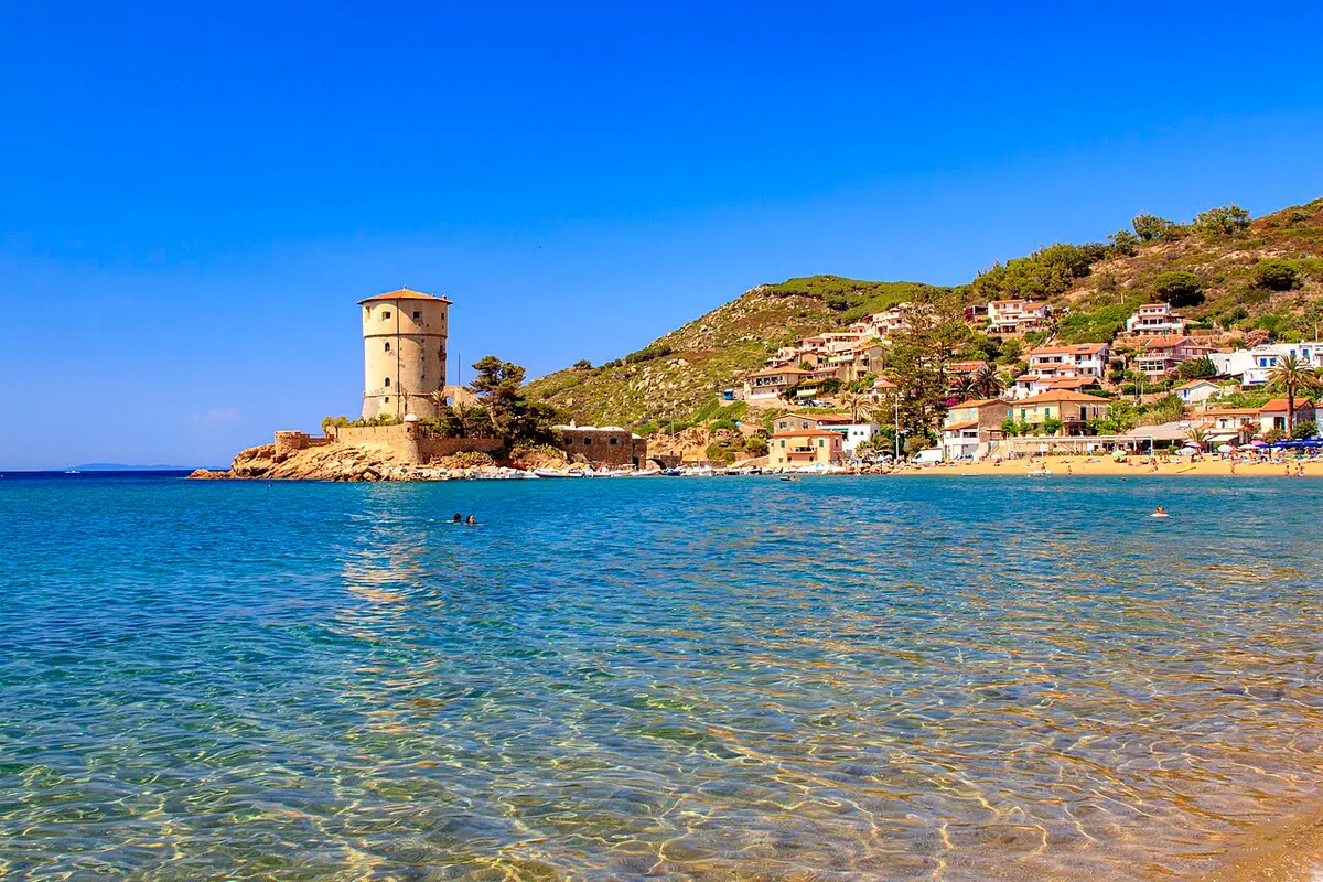 Campese Beach, Giglio Island, Campese, Isola del Giglio, Tuscany - sandy bay with a watchtower on the island of giglio