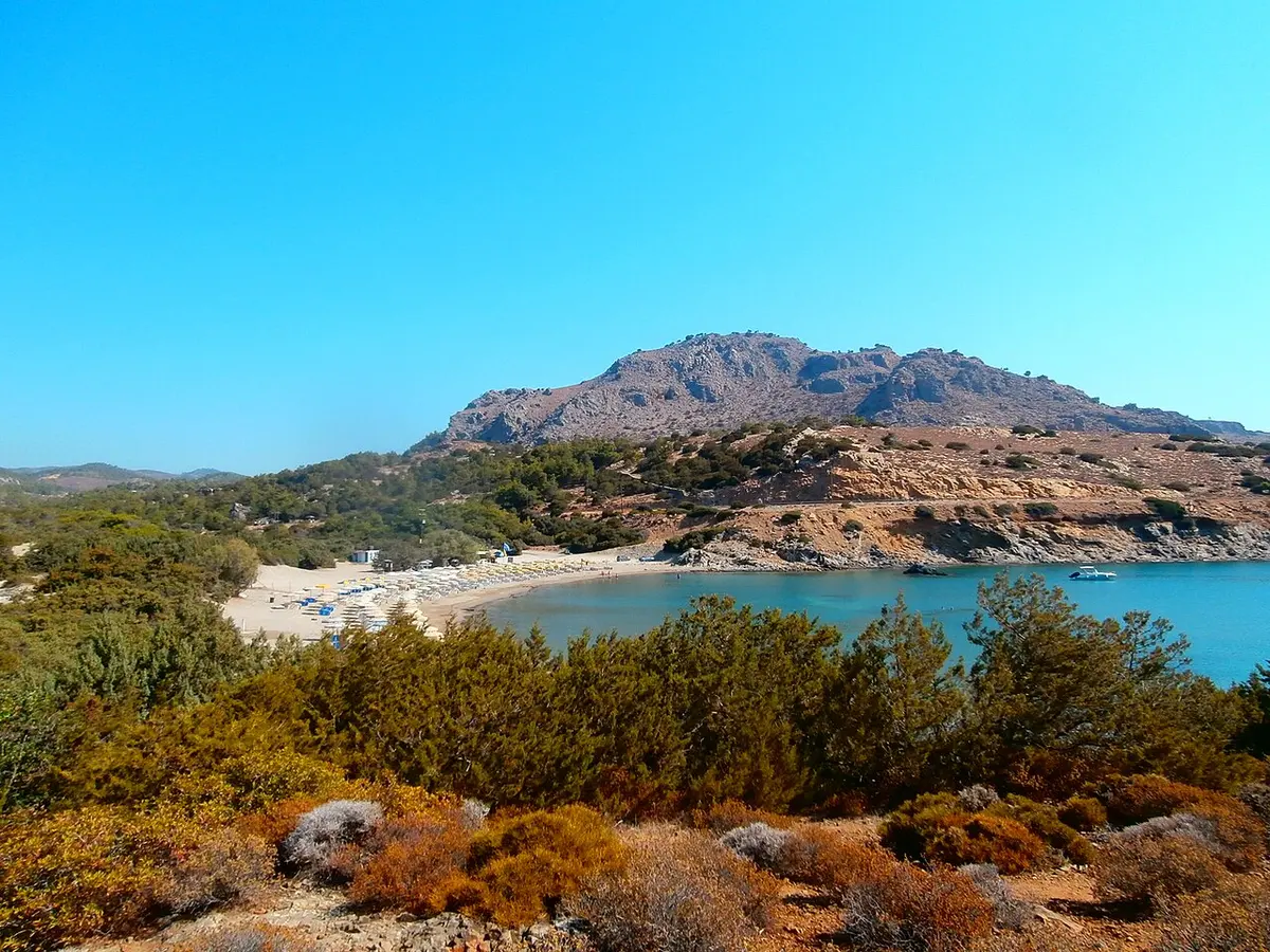 Glystra Beach, Rhodes, Lardos, Rhodes - quiet cove below dry hills on the lardos coast