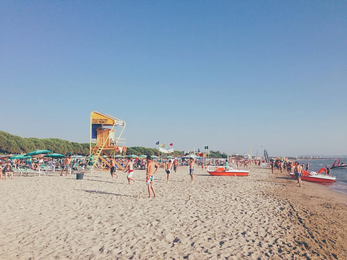 Golem Beach, Albania, Golem, Kavaje, Durres, Albania - wide sandy adriatic beach with shallow water near durres