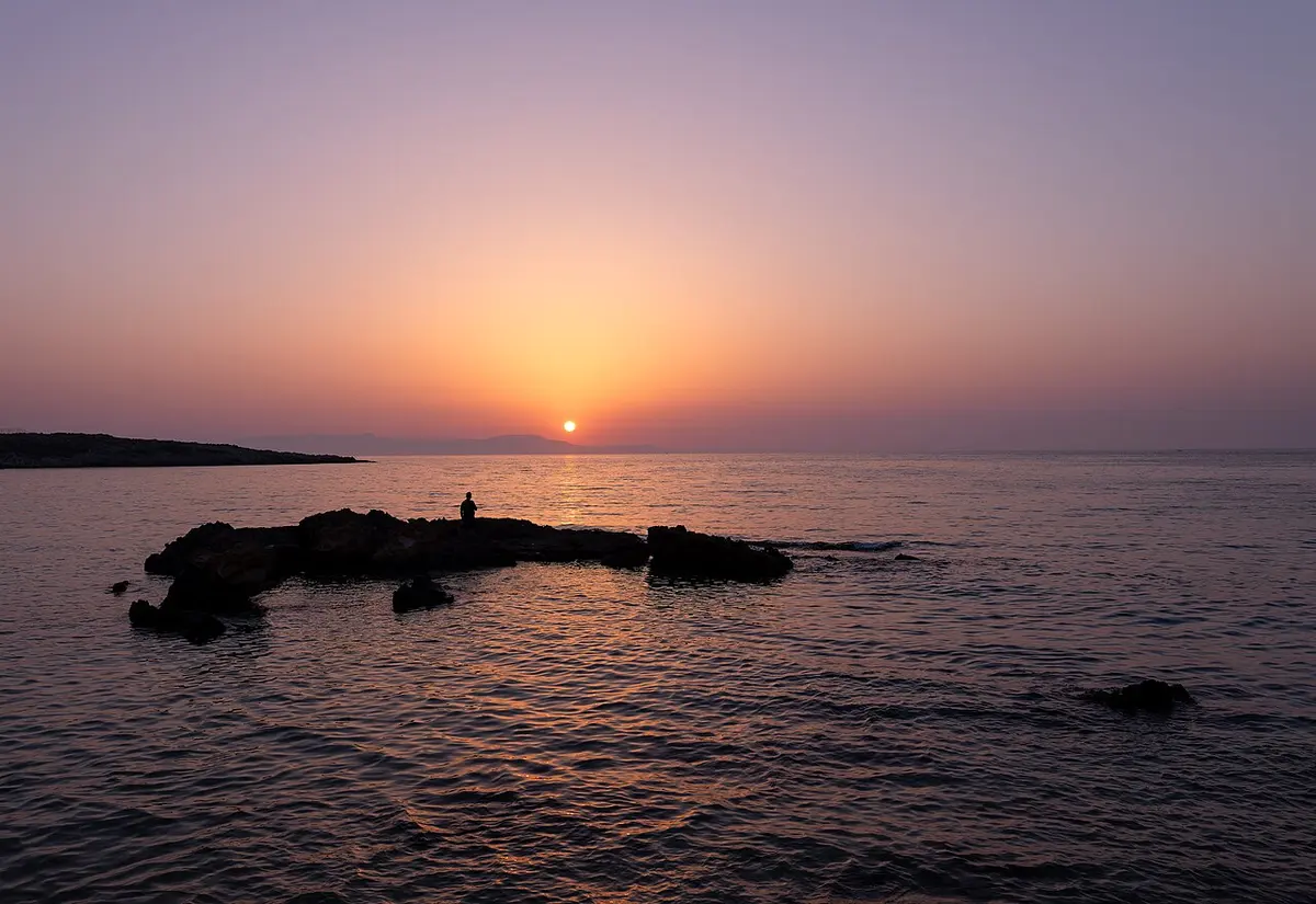 Kalathas Beach, Chania, Kalathas, Akrotiri, Chania, Crete - shallow sandy bay with a view of the akrotiri hills