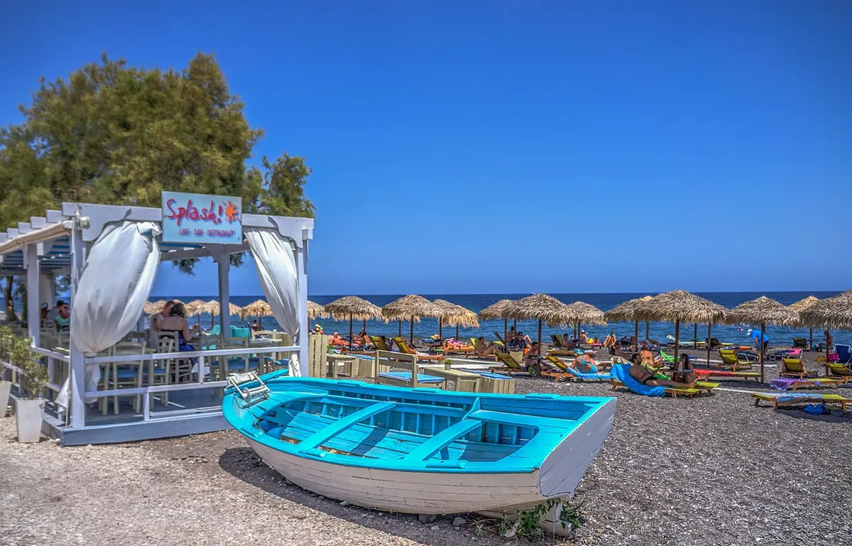 Kamari Beach, Kamari, Santorini, Cyclades, Greece - long black-sand beach with a seafront promenade