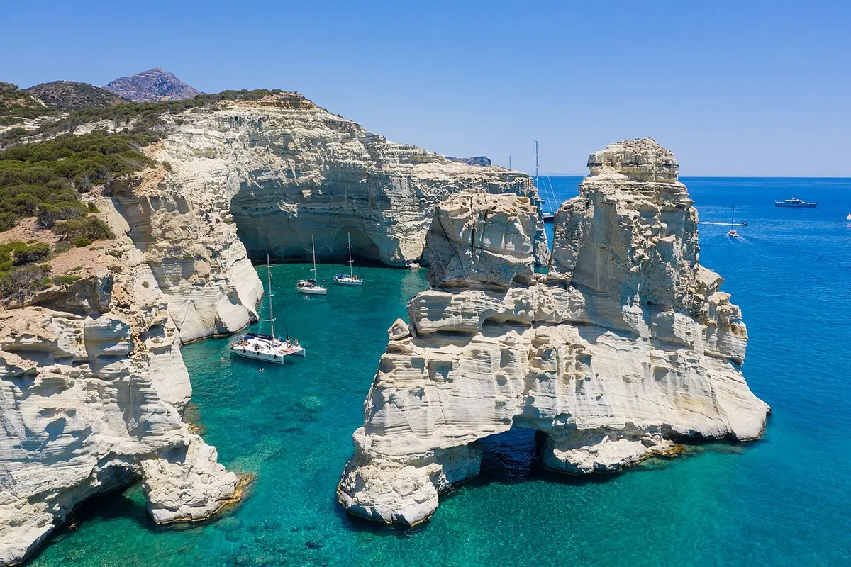 Kleftiko, Milos, Cyclades, Greece - white sea caves and arches reached by boat