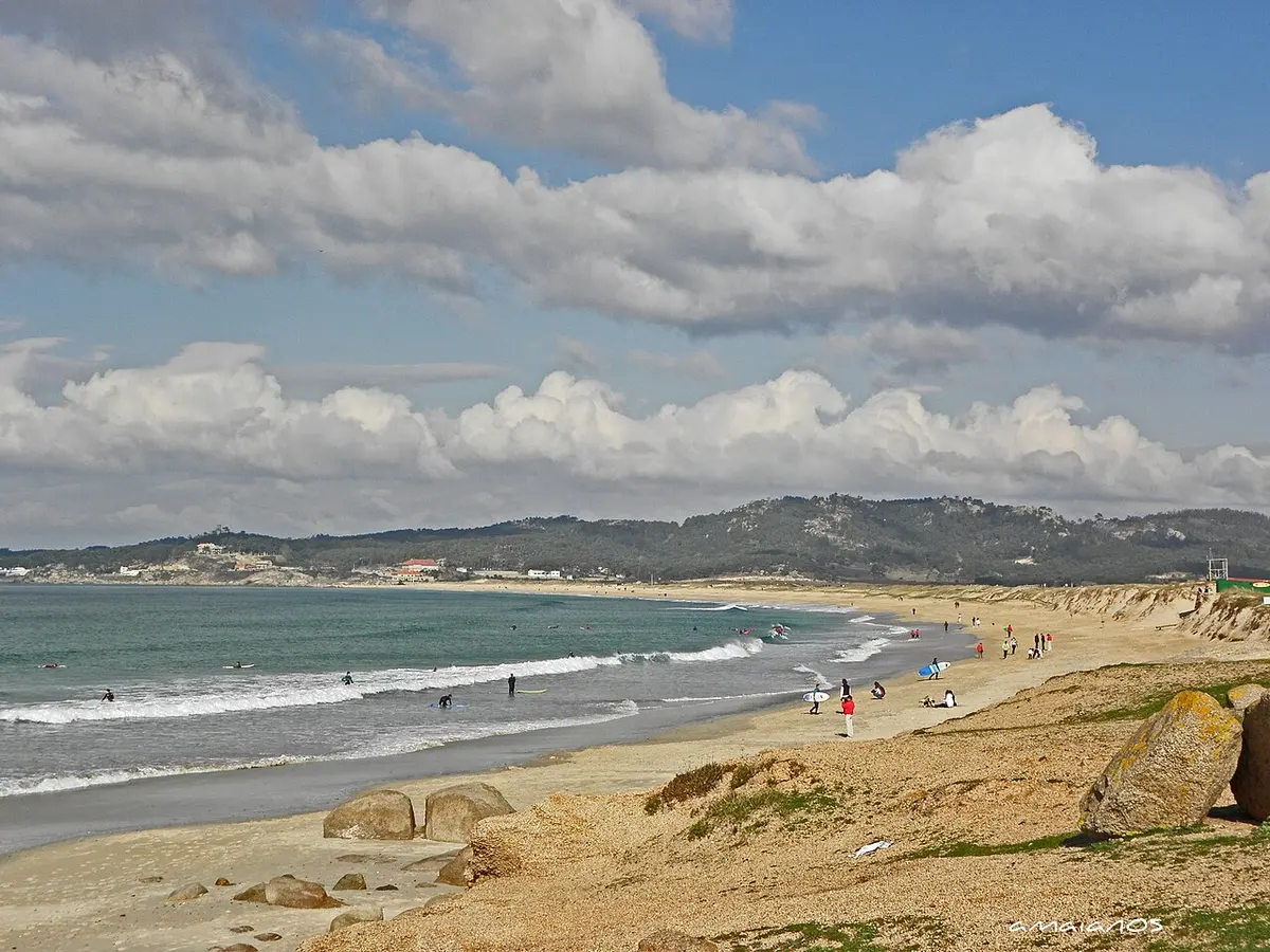 Praia da Lanzada, Sanxenxo, Galicia - long atlantic beach with big waves in galicia