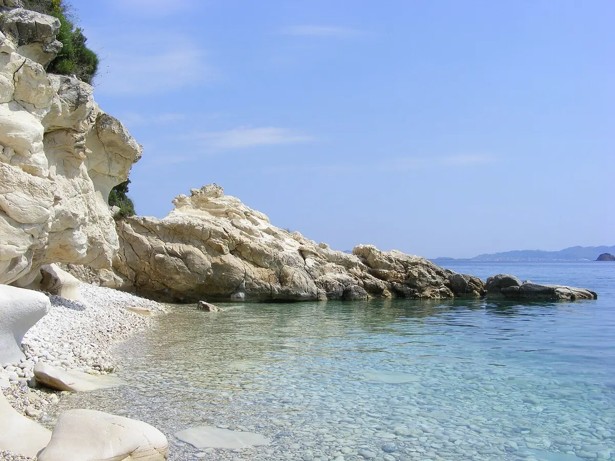 Marathias Beach, Zakynthos, Marathias, Keri, Zakynthos - rock-framed bay with clear shallow water near keri