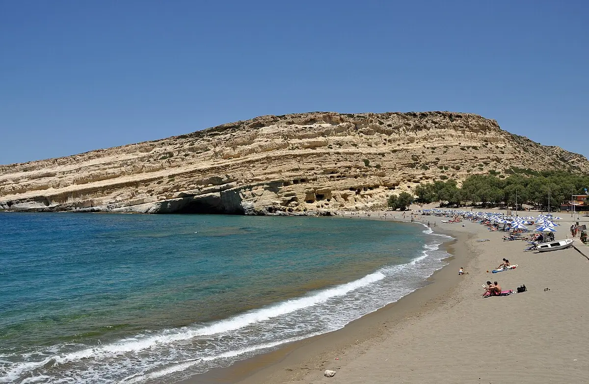 Matala Beach, Matala, Heraklion, Crete - sandy bay below the famous matala caves