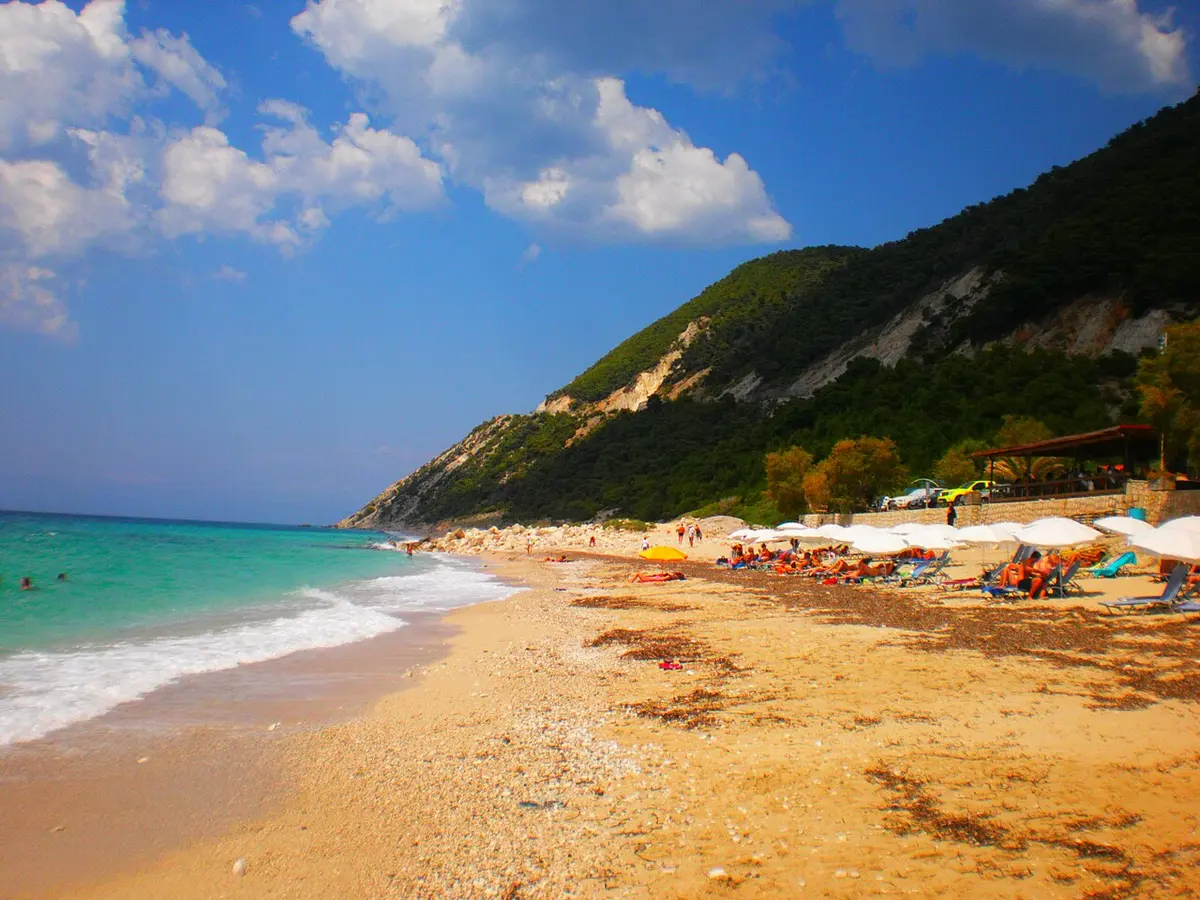 Pefkoulia Beach, Lefkada, Pefkoulia, Agios Nikitas, Lefkada - golden sand and pebble beach below green cliffs on lefkada