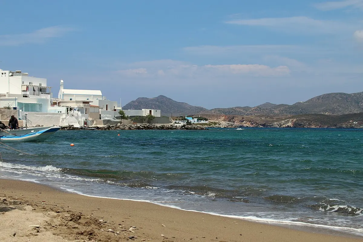Pollonia Beach, Milos, Pollonia, Milos, Cyclades - calm sandy beach beside a fishing village on milos