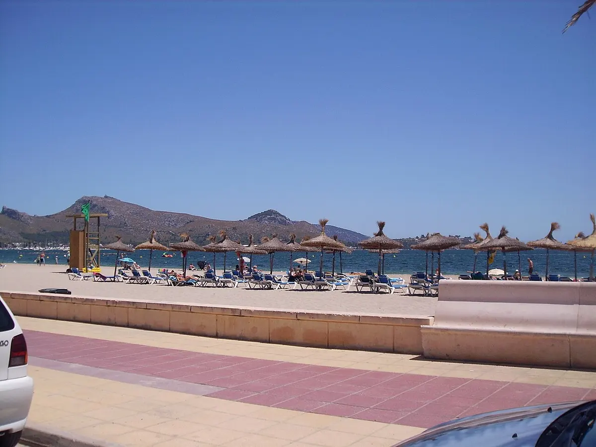 Port de Pollenca Beach, Port de Pollenca, Mallorca, Spain - calm, shallow bay beach in a family-friendly port town
