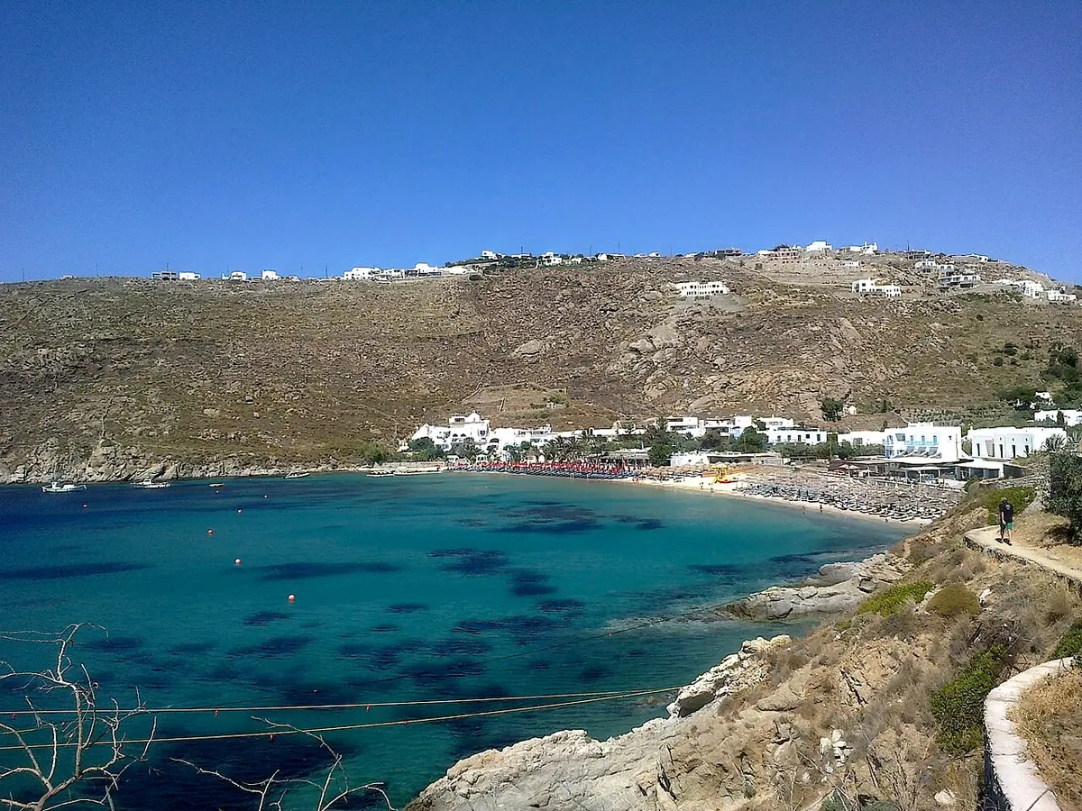 Psarou Beach, Mykonos, Psarou, Mykonos, Cyclades - sheltered sandy bay with beach clubs on the south coast of mykonos