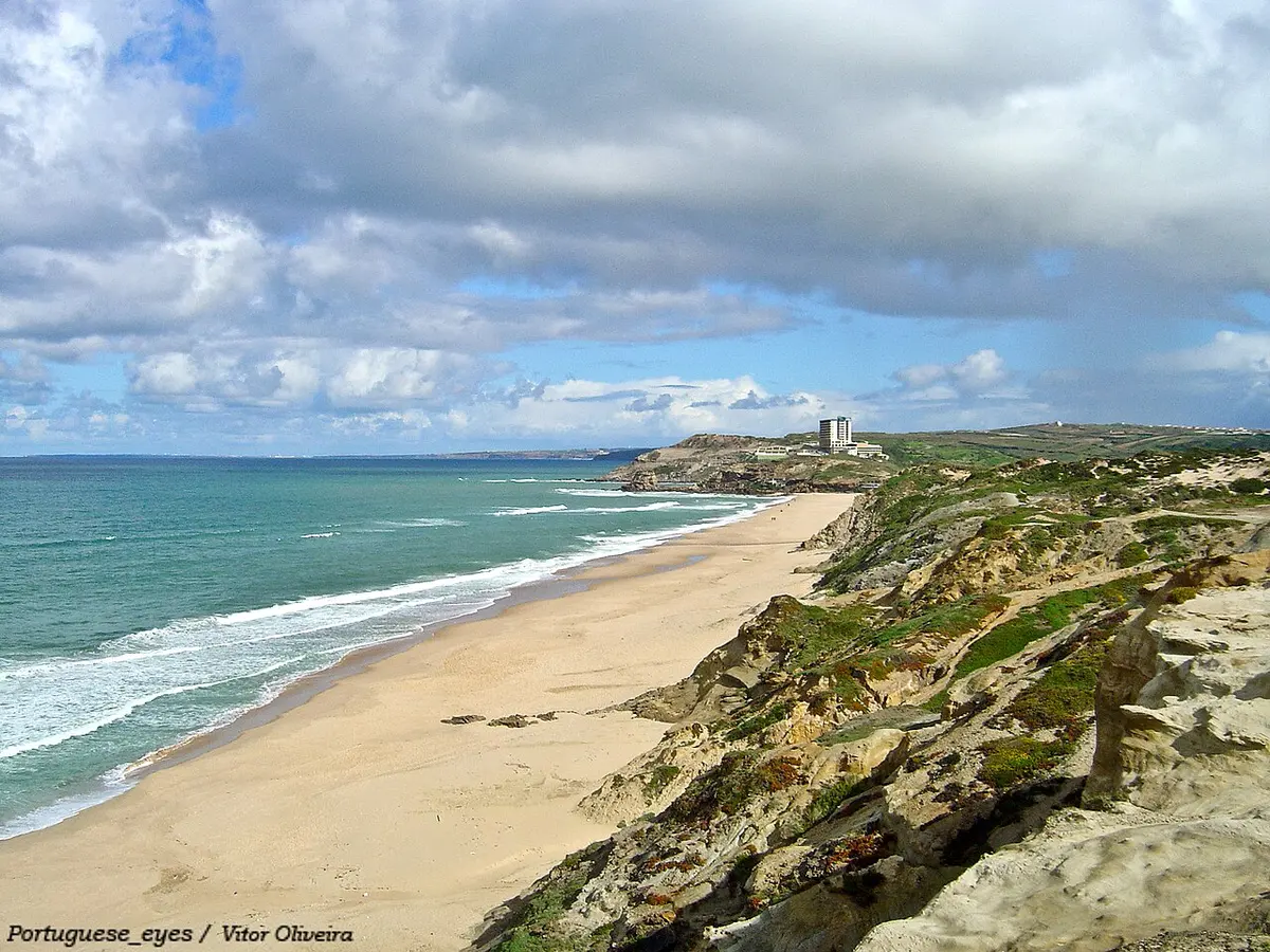 Praia de Santa Rita, Torres Vedras, Santa Rita, Torres Vedras, Lisbon Region - wide atlantic beach below low cliffs near torres vedras