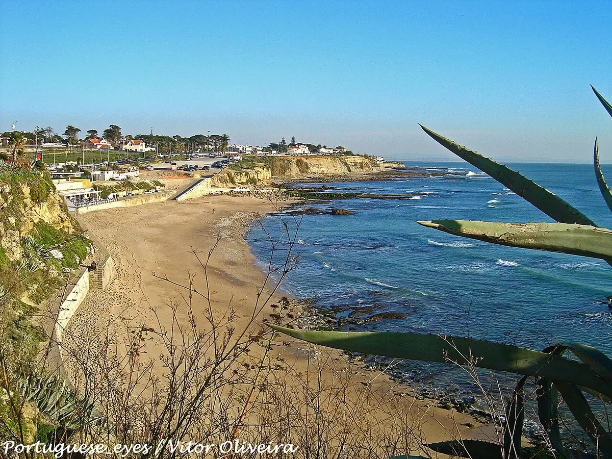 Praia de Sao Pedro do Estoril, Sao Pedro do Estoril, Cascais, Lisbon Region - small sandy cove on the cascais coastline railway