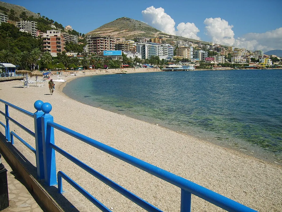 Saranda Beach, Saranda, Albanian Riviera - waterfront pebble beach facing corfu