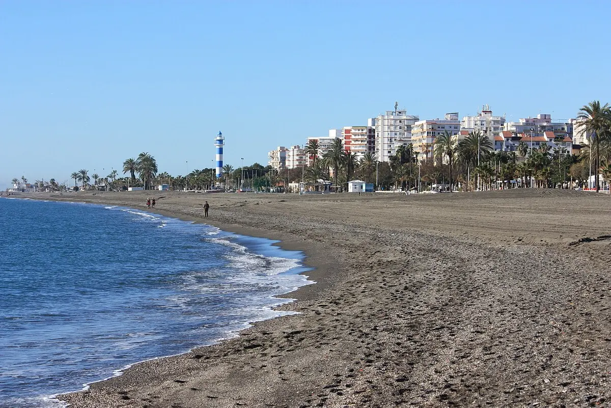 Torre del Mar Beach, Velez-Malaga, Torre del Mar, Velez-Malaga, Malaga - dark sand seafront with a long promenade on the costa del sol
