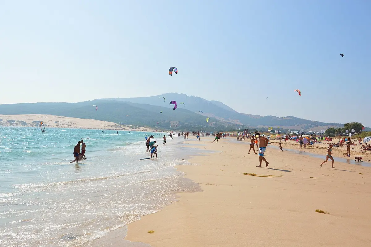 Playa de Valdevaqueros, Tarifa, Cadiz, Andalusia - long wild beach with a giant dune and kitesurfing