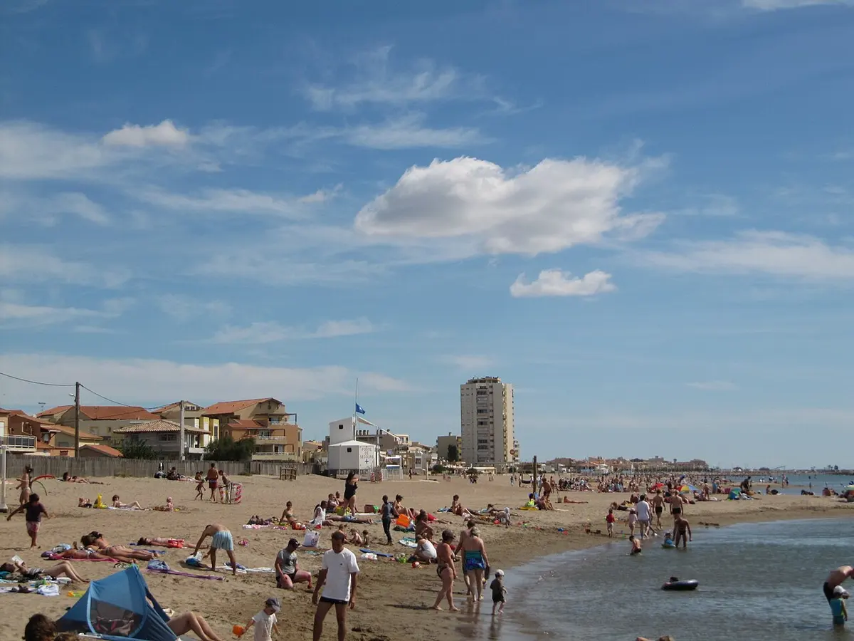 Plage de Valras, Herault, Valras-Plage, Herault, Occitanie - fine-sand resort beach on the herault coast near beziers
