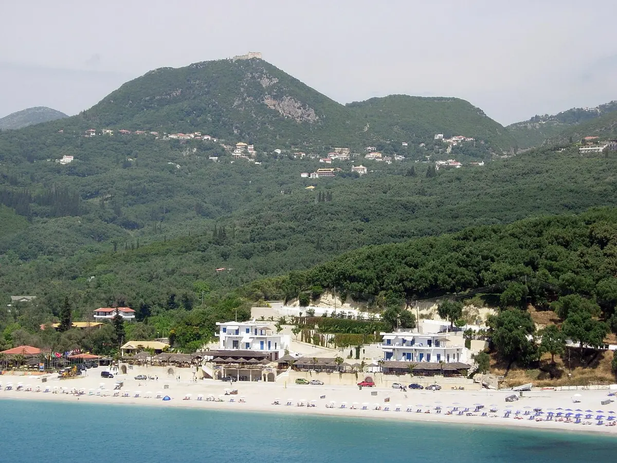 Valtos Beach, Parga, Valtos, Parga, Epirus - long sand and pebble beach below the hill of parga castle