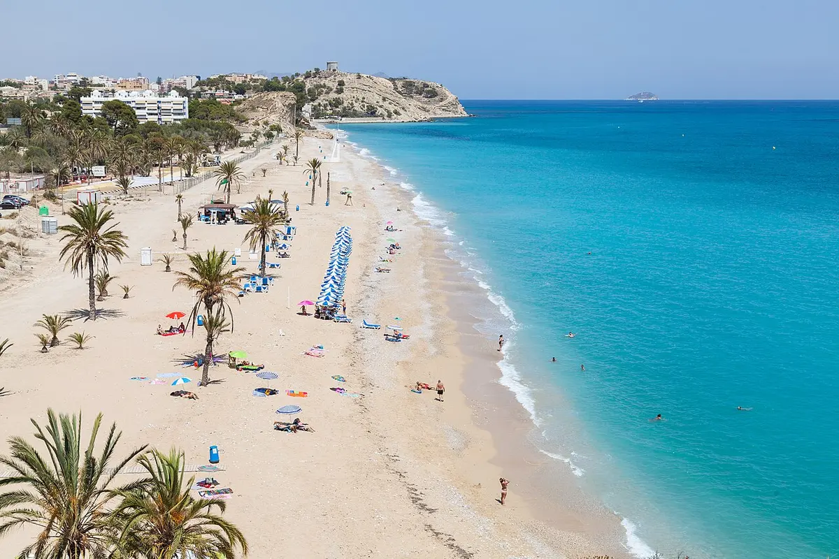 Playa Paraiso, Villajoyosa, Villajoyosa, Costa Blanca - palm-lined sand beach with turquoise water