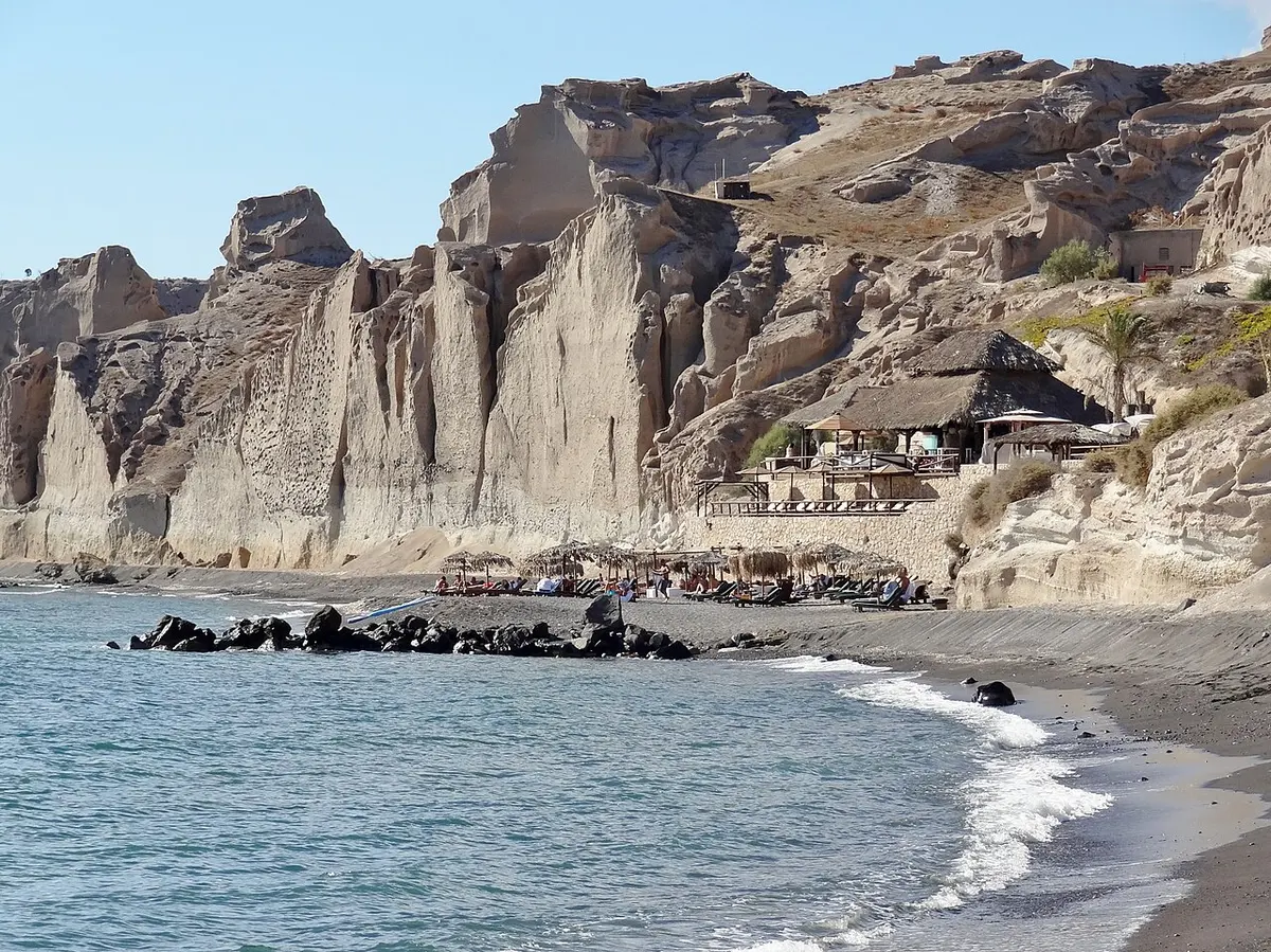 Vlychada Beach, Santorini, Vlychada, Santorini, Cyclades - dark volcanic beach below pale cliffs on santorini